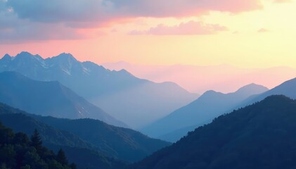 Fototapeta premium Subtle gradient sky blending into hazy mountain range, dye, background