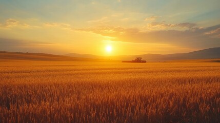 Fototapeta premium Vibrant sunset over a golden wheat field, highlighting a harvesting machine silhouette. Capturing the beauty and serenity of rural life.