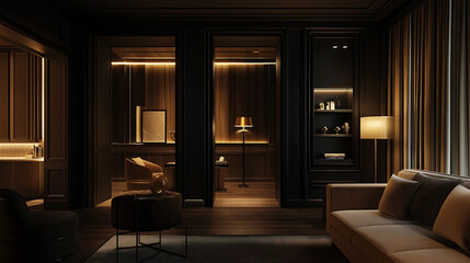 High quality moody lounge area with vintage leather armchairs and warm lighting