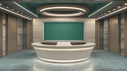 TV news presenter in a professional studio, bright lights and green screen setup, high-quality camera recording,Virtual TV studio with green screen, featuring minimalistic, modern design with stat of 