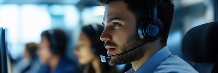 Smart call center solutions artificial intelligence AI optimizes call routing analyzes agent performance and enhances customer satisfaction, Wide Background