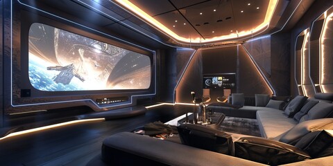 A futuristic media room with a massive screen, ambient LED lighting, and plush seating 