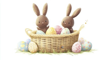 Two Cute Bunny Rabbits in Basket with Colorful Easter Eggs