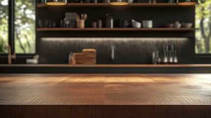 Modern kitchen countertop in cozy home interior, blurred background with shelves and lights