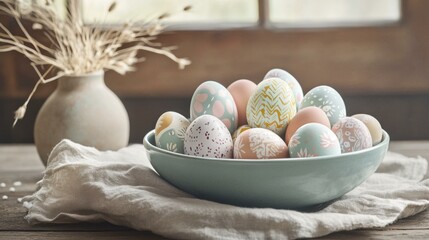 Pastel Easter Eggs in Bowl on Rustic Wooden Table with Dried Grass
