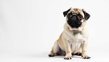 Obraz premium Adorable pug dog sits, isolated on white background, fawn, wrinkled, stock photo