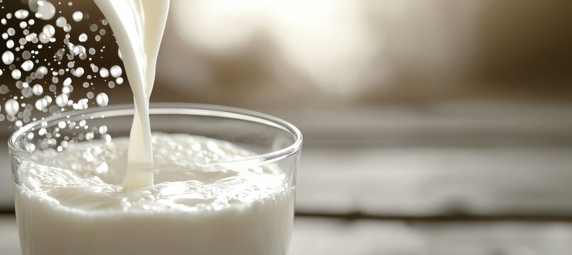 Fresh milk pouring into a clear glass on soft gray background for world milk day