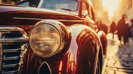 Close-up of vintage car headlights showcasing classic automotive design and retro aesthetics. Shiny chrome details and intricate glass structure highlight antique vehicle elegance and craftsmanship