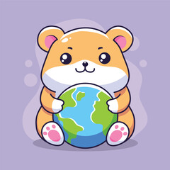 cute hamster animal with earth planet vector illustration designicon. 