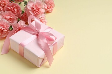 Happy Mother's Day. Beautiful bouquet of pink carnations with gift box on a colored background