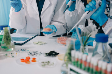 Team Asian scientists in a lab conducting food research using a microscope and lab equipment,...