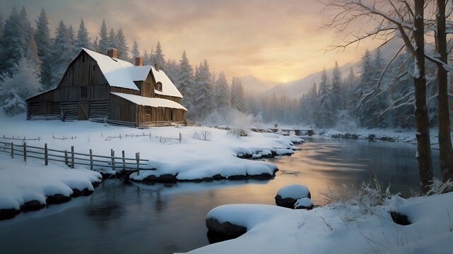 "Vintage Christmas Wallpaper Featuring Snow-Covered Fir Trees in Serene Winter Landscape