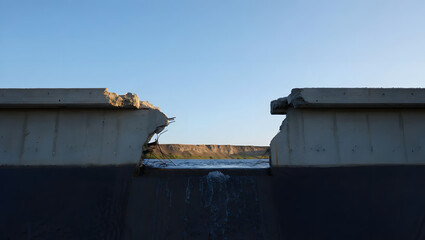 Destroyed bridge in a post-apocalyptic landscape with flowing water
