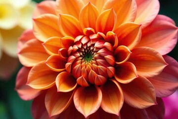 Close-up view of a dahlia's layered petals creating a dense, colorful floral design , blossom, autumn