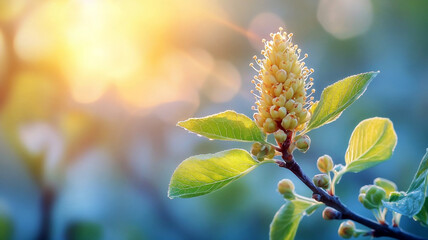 Fototapeta premium Blooming branch with vibrant leaves and flowers illuminated by soft sunlight