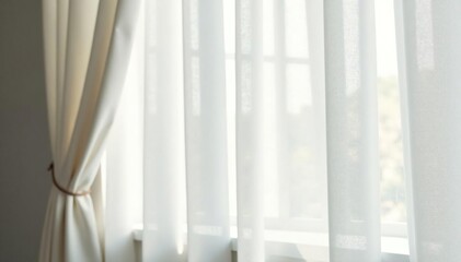 Simple, wrinkle-free white linen curtains, bright studio lighting , studio background, neutral, white