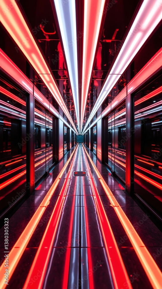 Poster Abstract corridor with glowing red and white light patterns creating a futuristic atmosphere in a dark environment