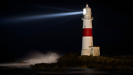 Lighthouse in a post-apocalyptic scene with dramatic lighting and crashing waves