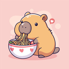 Cute cartoon capybara eating spaghetti. Vector illustration 