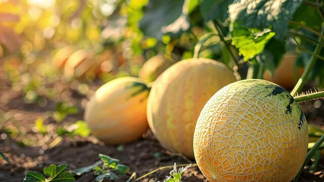 Yellow melons ripening in a sunny field