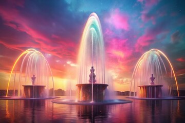 Futuristic Water Fountains: Asymmetrical Design, Rainbow Gradient Sky
