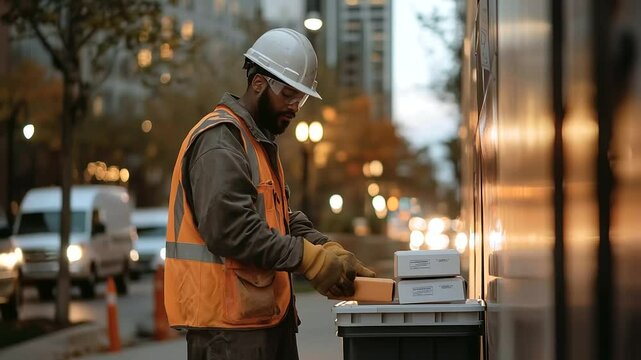 Worker Removing Ballot Dropbox on Sidewalk During Calm Evening
