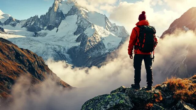 Hiker standing on a mountain peak admiring the mont blanc massif above the clouds