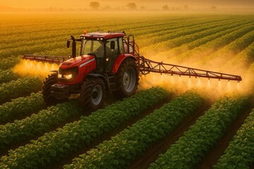 Fototapeta premium Modern agriculture tractor spraying field