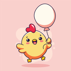 Cute cartoon chicken with balloon. Vector illustration 
