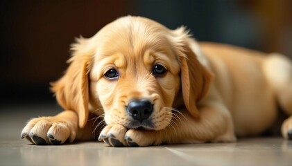 Golden Retriever puppy lies down, ears flopped , breed, ears