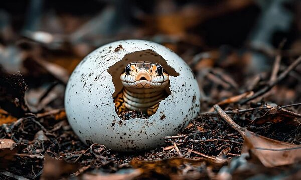 A snake is hatching from its egg. Brown leaves surround it. The face and eye are visible