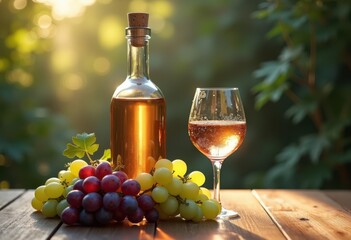 Fototapeta premium chilled wine bottle cork surrounded fresh grapes elegant arrangement refreshing beverage chill, liquid, glass, pair, wineglass, red, vintage, barrel