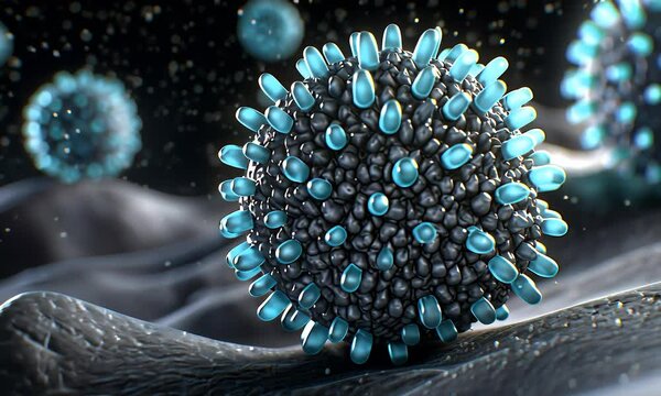 Round structures with blue accents populate a gray surface amidst a dark, particulate background