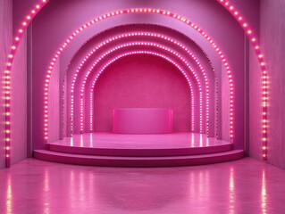 Minimal Pink Studio Setup with Circular Podium and Glowing Retro Light Bulbs