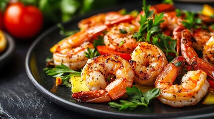 Grilled Shrimp Salad: A delicious plate of grilled shrimp with fresh herbs tomatoes and mango.