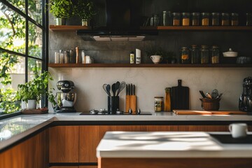 A high-quality photo of a modern kitchen, characterized by a minimalist design and a combination of materials such as wood, metal and glass