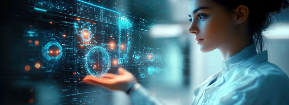 Futuristic Medical Technology Interface with Doctor Analyzing Brain and DNA in Virtual Environment