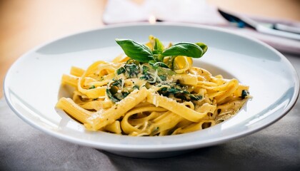 italian pasta, restaurant in blurred bokeh background