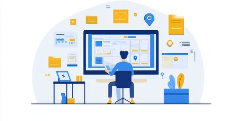 A person is working on a project using the computer with a calendar displayed on the large monitor
