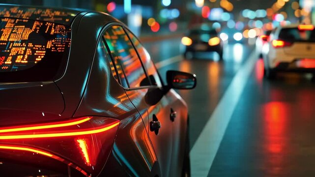 Futuristic self-driving car displaying digital information on its smart windows while navigating through busy night city traffic