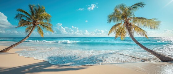 Tropical beach relaxation with leaning palm trees under clear blue sky
