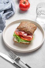 Toast sandwich made of grain bread with prosciutto, cheese, tomatoes, lettuce and sauce on a plate