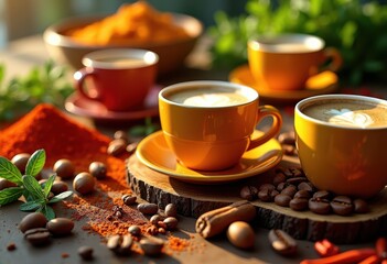 Fototapeta premium coffee cups vibrant spices herbs arrangement colorful display aroma flavors culinary art, tea, beverage, saucers, chili, pepper, parsley, basil, cinnamon