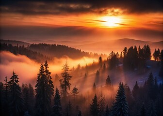 Glowing Foggy Winter Sunset, Feldberg Black Forest Germany - Dramatic Landscape Photography