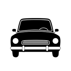 Black silhouette of a front-facing classic car with round headlights and a vintage grille isolated on a white background.