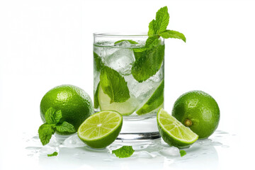 Isolated clear glass of mojito cocktail with fresh mint and lime refreshing drink setup studio environment high-quality image for stunning beverage photography