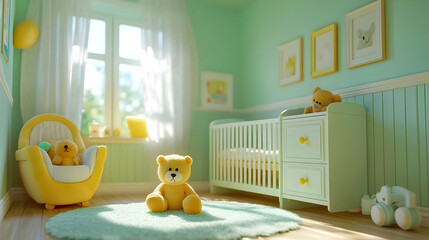 Sunny nursery, crib, toys, happy baby room, home decor
