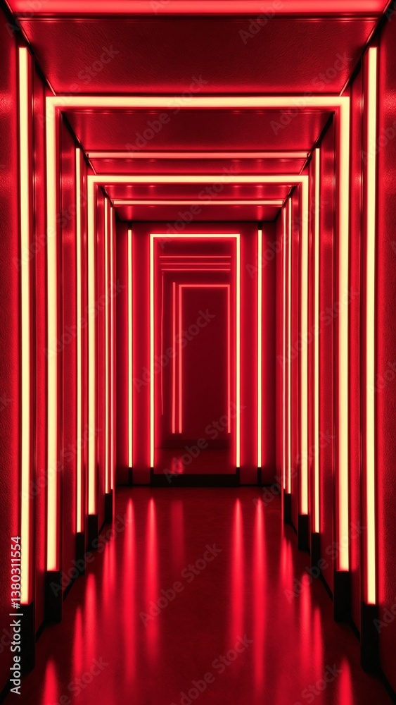 Poster Abstract red illuminated room with glowing neon light strips creating unique geometric patterns on dark textured walls for artistic design projects and backgrounds