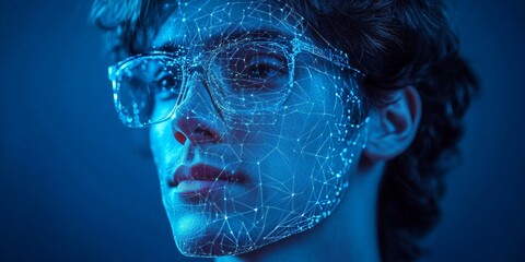 a person with a digital overlay on their face, representing technological advancement. The person is wearing glasses, highlighting the integration of technology with everyday life