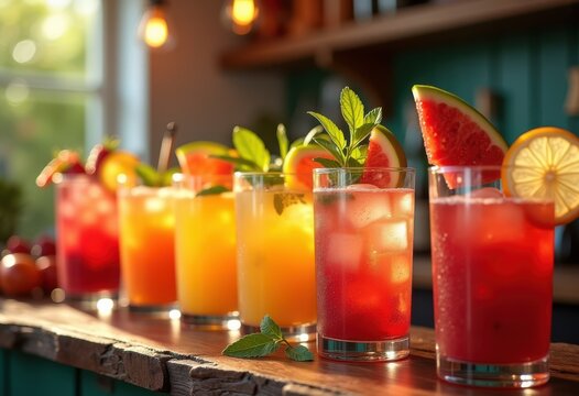 colorful cocktail arrangement fresh ingredients garnish mixology vibrant fruity beverages refreshing party drinks decorative presentations, glass, ice, straw